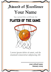 basketball certificate background with goal, ball, swish