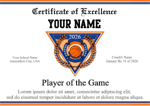 player of the game award, basketball certificate