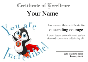 certificate border with penguin superhero