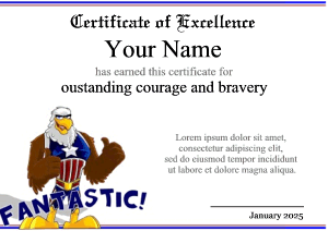 certificate template with bald eagle, sports, USA colors, USA uniform