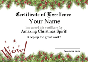 Christmas certificate boder, garland, wreath, berries