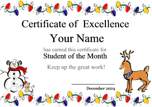 holiday certificate, snowman, reindeer, Christmas lights border