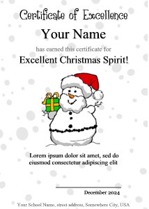 award certificate with snowman and snowflake background