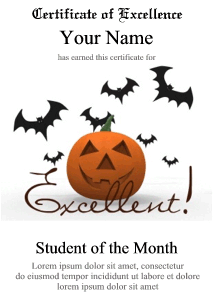 Student of the Month certificate for October, pumpkin and bats design