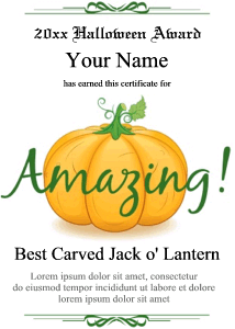 certificate with pumpkin in the center and copy space for personalized message