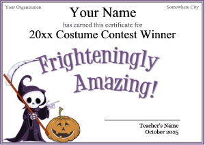 certificate template with cute grim reaper and pumpkin