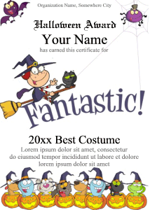 Halloween award background with cute characters, witch, motivational quote