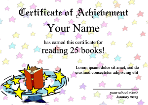 reading certificate with star background and boy reading a book