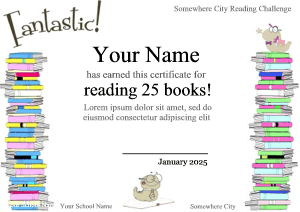 cute reading certificate with bookworms and stacks of books