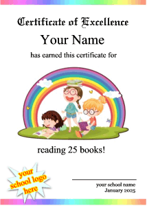 certificate border with children reading books, a rainbow, copy space