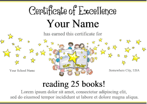 library award template with open book, children, star reader image