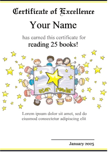 certificate for librarians with open book, many children reading, star reader picture