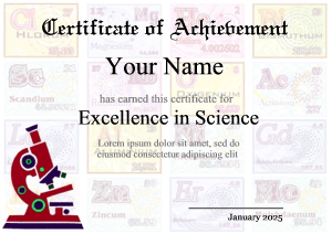 certificate background with microscope and periodic table