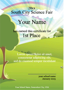 award template with rainbow, radiant sun, blue sky, trees and green hills