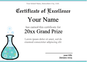 certificate template with beaker and chemical, blue