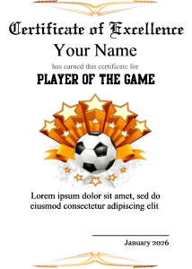 star player, soccer, gold soccer ball, gold stars, certificate border